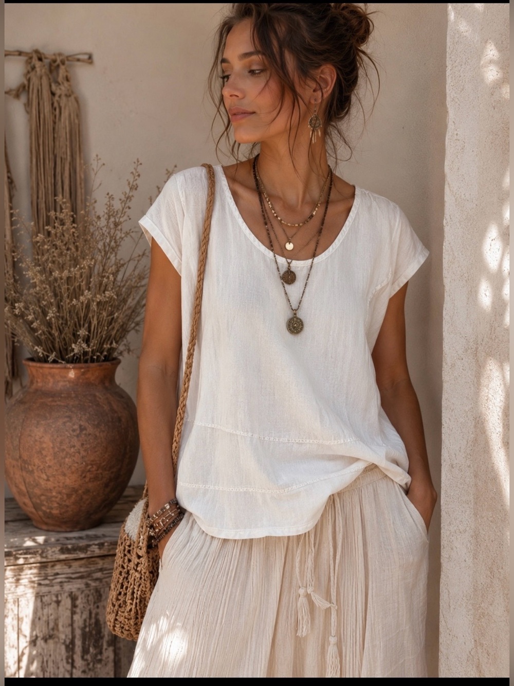 Women's flax linen Scoop Neck Top - Cream size small